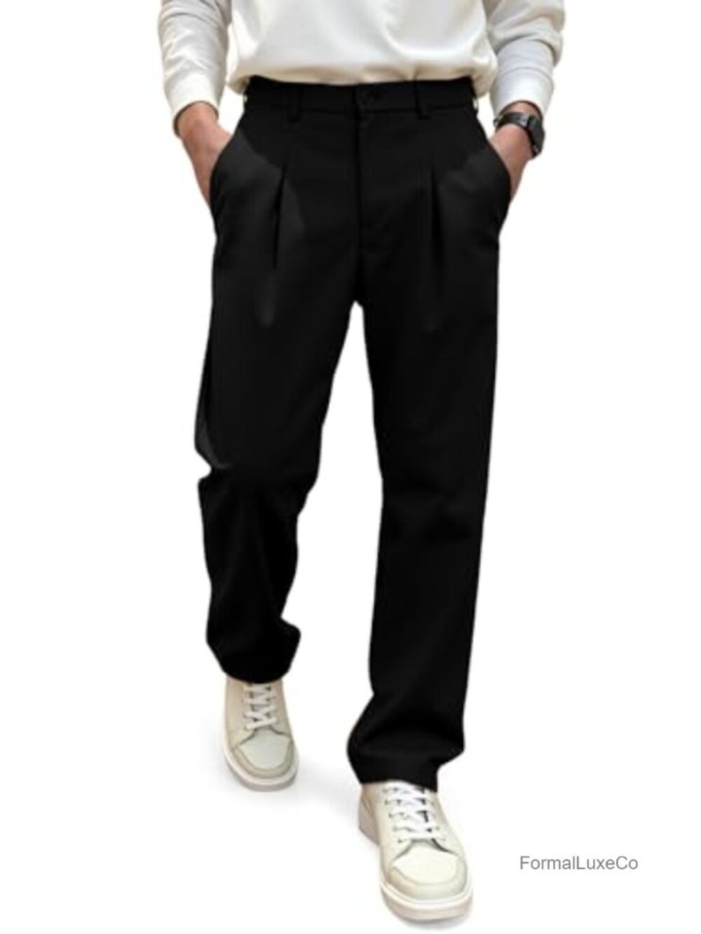 Men's Pleated Tapered Dress Pants Elastic Waist Wide Leg Business Casual